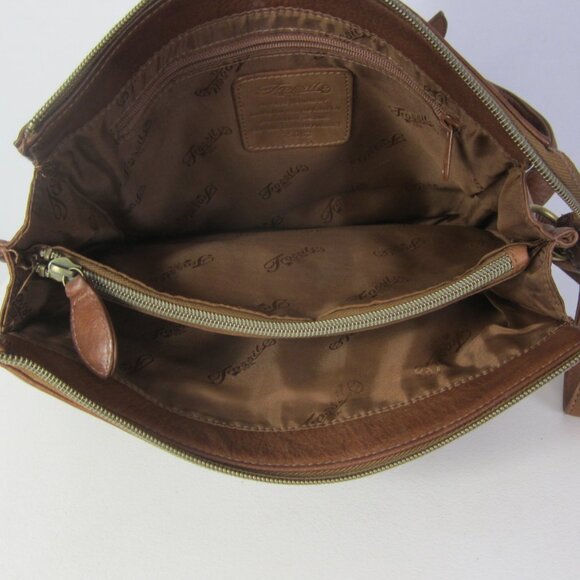 FOSSIL Women Large Brown Leather Organizer Crossbody Shoulder Bag Brass Hardware - Picture 9 of 15